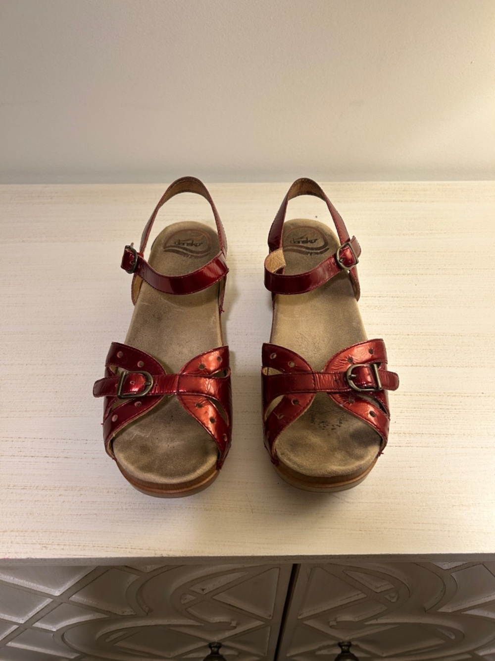 Dansko Red Metallic Crossover Sandals